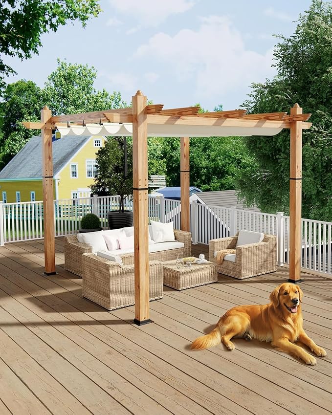10 x 10 ft Aluminum Pergola with Adjustable Canopy, Outdoor Metal Pergola, Imitation Wood-Grain Sun Shade Shelter for Garden Patio Backyard Deck