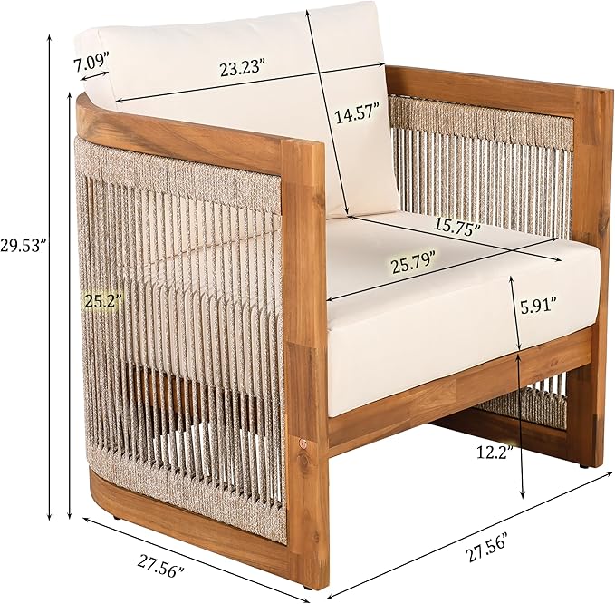 Merax 4-Piece Patio Premium Acacia Wood Outdoor Furniture Set,All Weather Curved Tub Design with Woven Rope Accents Loveseat Chairs and Table for Backyard, Balcony and Deck,Teak+ Beige