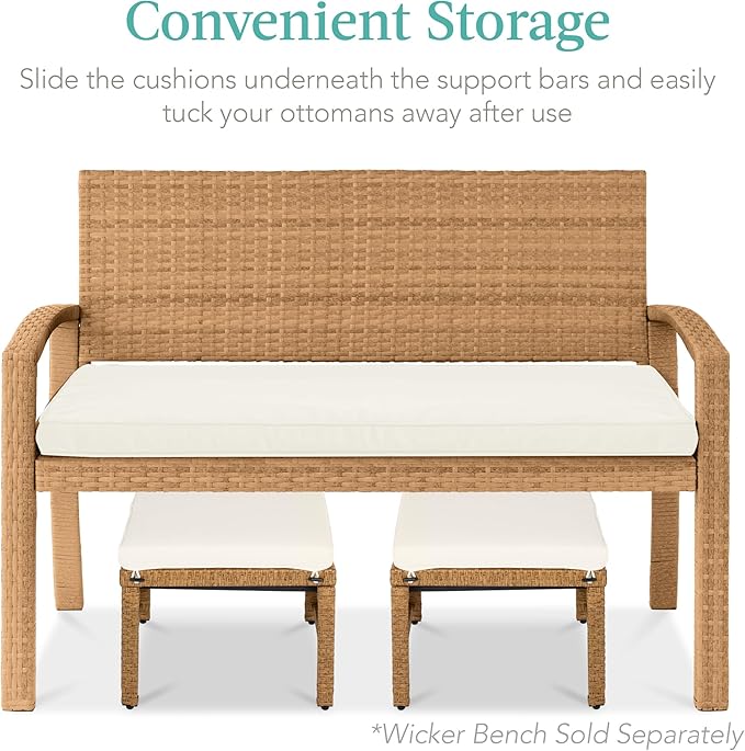 Best Choice Products Set of 2 Wicker Ottomans, Multipurpose Outdoor Furniture for Patio, Backyard, Additional Seating, Footrest, Side Table w/Removable Cushions, Steel Frame - Ivory/Natural