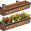 Railing Planter Boxes, 30 Inch Window Boxes Planters, Balcony Planters with Adjustable Brackets & Coco Liner & Support Rod for Outdoor Fence, Deck, Porch, and Patio Gardening, 2 Pack