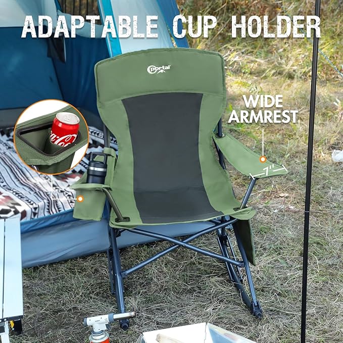 Portal Outdoor Rocking Chair Camping Folding Portable Rocker with Cup Holder Side Pocket Carry Bag, Support 350LBS (Green), 2 Pack