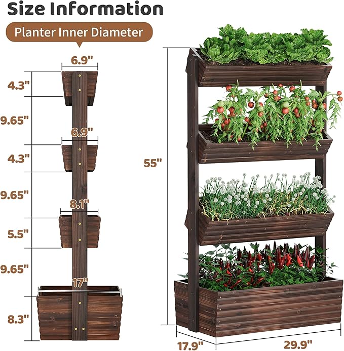FILWH Wooden Raised Garden Bed Vertical Planter Box, Freestanding Plant Stand for Indoor Outdoor Plants, Herbs, Flowers, Vegetables, Gardening (Carbonized, 4-Tier，29.9 x 17.9 x 55in)