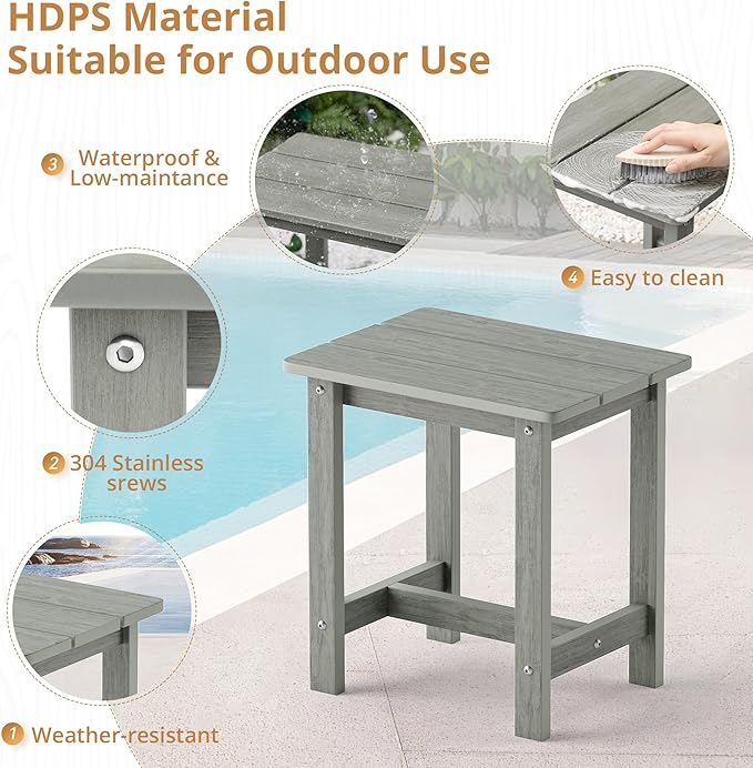 LUE BONA Outdoor Side Table Set of 2, HDPS Small Outdoor Table, Adirondack Side Table, Outside End Table for Patio, Porch, Deck, Pool, Weather Resistant/Easy Maintenance, Gray