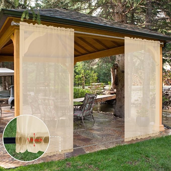 SpaceDresser Waterproof Outdoor Sheer Curtains for Patio - 4 Panels Rod Pocket Indoor Voile Sheer Curtain for Living Room,52W x 108L inch, Beige