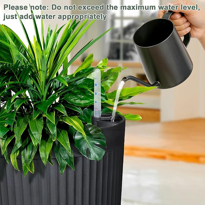 Self Watering Tall Black Planters Outdoor Set of 2, 24” Flower Pots Planters for Outdoor Plants, Modern Plastic Tall Planter for Front Porch, with Drainage Hole (Ribbed)