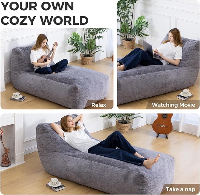 Giant Bean Bag Lounger Chair for Adults with Soft & Cozy Plush Fabric,Memory Foam Filled Beanbag Chair for Family Living Room,Bedroom and Game Room (Grey)