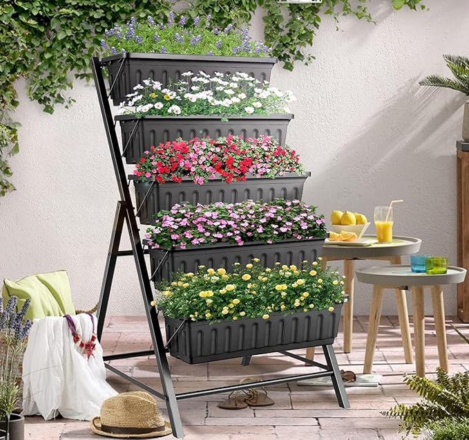 SEJOV 2 Pack Vertical Raised Garden Bed, 5 Tiers Elevated Planter Box for Herbs Vegetables Flowers, Graden Vertical Planter with Drainage System for Patio Balcony Garden Outdoor Indoor Plants, Black