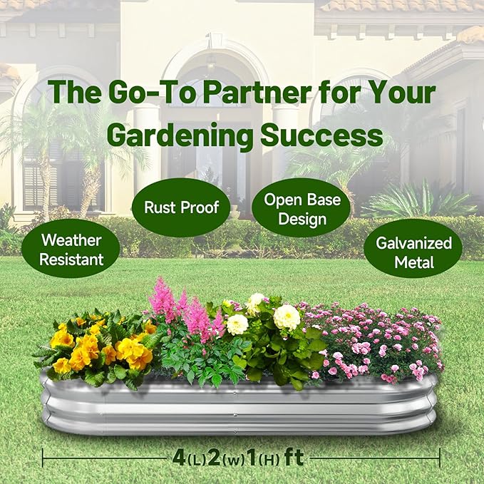 GOOZOO Galvanized Planter Raised Garden Bed, 4x2x1 ft Raised Garden Bed Kit for Gardening Outdoor, Oval Metal Land Planter Box for Vegetables, Flowers, Herbs, Fruits, Easy Assembly（Silver）