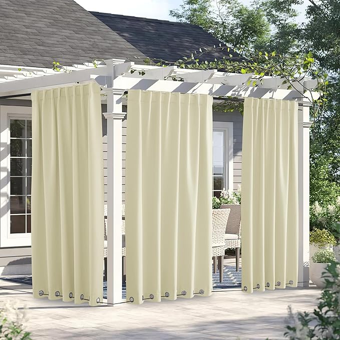 NICETOWN 2 Panels Weighted Outdoor Curtains for Patio Waterproof, Thermal Insulated Grommet & Back Tab on Top & Bottom Windproof Sun Blocking Draperies for Gazebo with Fixed Rope, Beige, W66 x L84