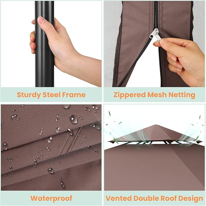 COBIZI Gazebo 10x10 Heavy Duty Gazebos with Improved Nettings Outdoor Gazebo Double Roof Patio Gazebos with Metal Steel Frame Outdoor Canopy for Patio, Deck, Backyard-Brown