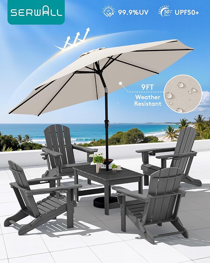 SERWALL Outdoor Coffee Table with 9FT Umbrella, HDPE Patio Coffee Table for Outside, Rectangle, Gray(Not Include Umbrella Base)