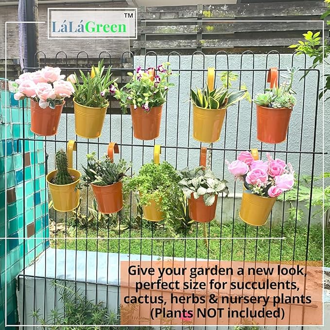 LaLaGreen Railing Planter - 10 Pack, 4 Inch Hanging Wall Herb Planters for Outdoor Plants Orange Metal Hanging Flower Pot Yellow Deck Planters Outdoor Rail Garden Balcony Porch Macetas Colgante Pared