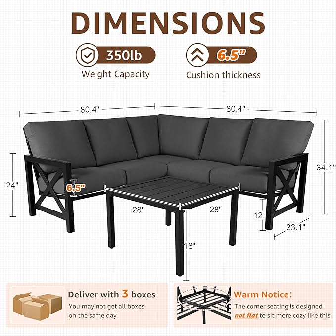 NATURAL EXPRESSIONS 6 Pieces Patio Furniture Sets, Metal Outdoor Sectional Furniture L Shape Patio Conversation Sets,Highback Frame,Metal Table,Large Waterproof Cover, 6.5" Olefin Cushions,Dark Grey