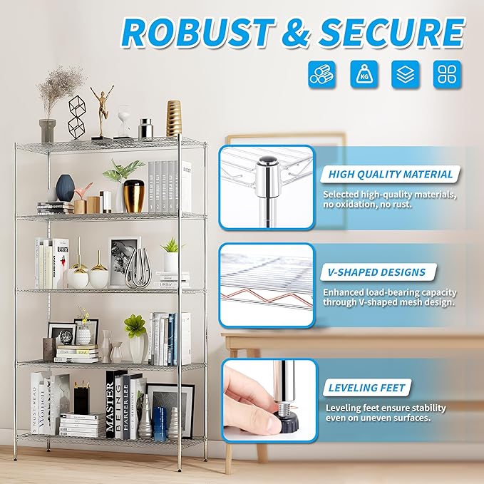 Xcity Storage Shelves, 5 Tier Heavy Duty Metal Shelving Unit, 2000 LBS Capacity Adjustable Steel Wire Shelf Organizer for Pantry, Kitchen, Garage, 14" D x 36" W x 72" H, Chrome
