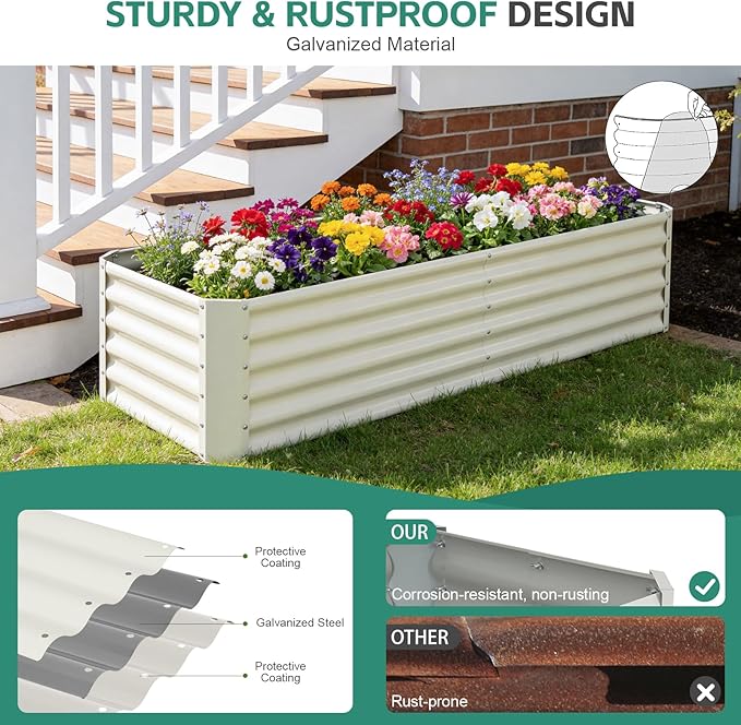 Galvanized Raised Garden Bed - 6x2x1.4ft Metal Garden Planter Box Outdoor | Steel Raised Bed Kit with Bracing Rods, Gloves for Gardening Vegetables Fruits and Flowers (White)