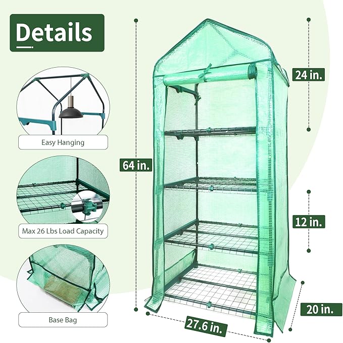 4 Tier Mini Greenhouse for Outdoor Indoor, Double-Layer Roof, Heavy Duty Small Greenhouses with PE Cover, Portable Green Houses for Outside Winter Plant Protection, 64'' H x 27'' L x 20'' W