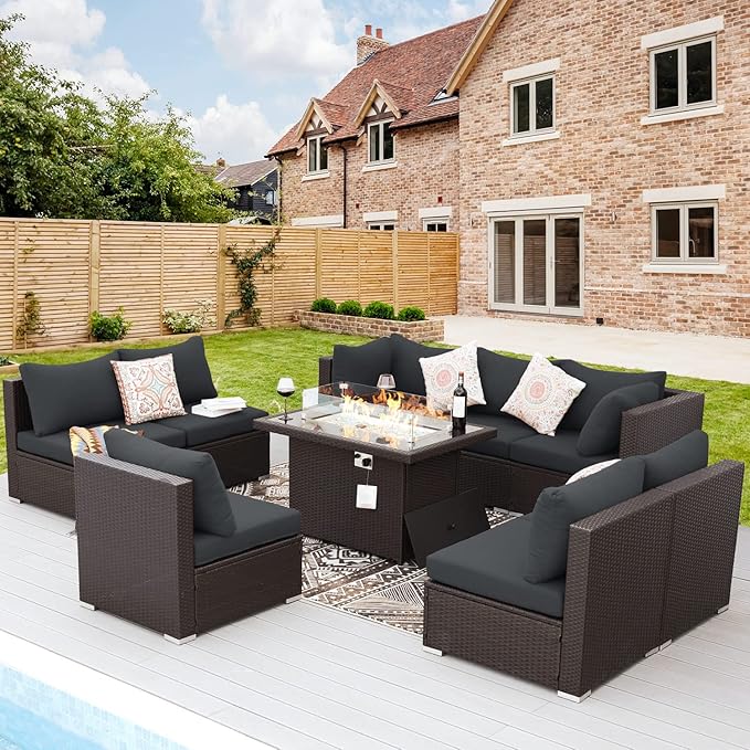 NICESOUL 9 Piece Extra Large Outdoor Patio Furniture Set with Fire Pit Natural Gas/Propane, 29.3 High Back Modular Sectional Couch Sets, Deep Seat Conversation Set, Brown Rattan and Dark Grey Cushion
