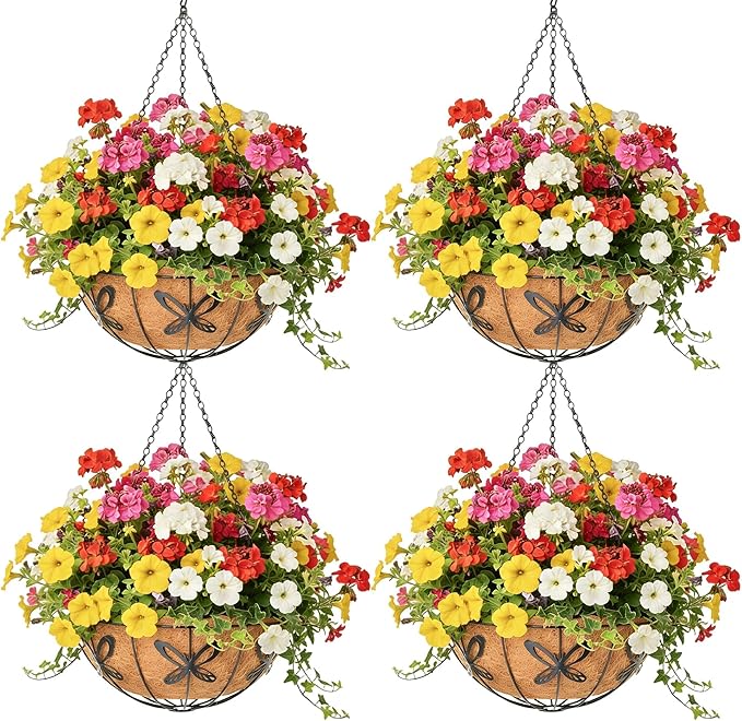 4 Pack 14 Inch Hanging Baskets for Plants Outdoor Metal Hanging Planter Hanging Flower Baskets with Coco Fiber Liners Chain Round Wire Plant Holder Hanging Flower Pots(Butterfly)