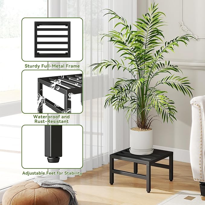 IBUYKE 2 Pack Metal Plant Stand Indoor Outdoor, Heavy Duty Small Flower Pot Stand, Modern Square Plant Shelf Flower Stand for Living Room Patio Balcony Garden, Black TMJ075B-2