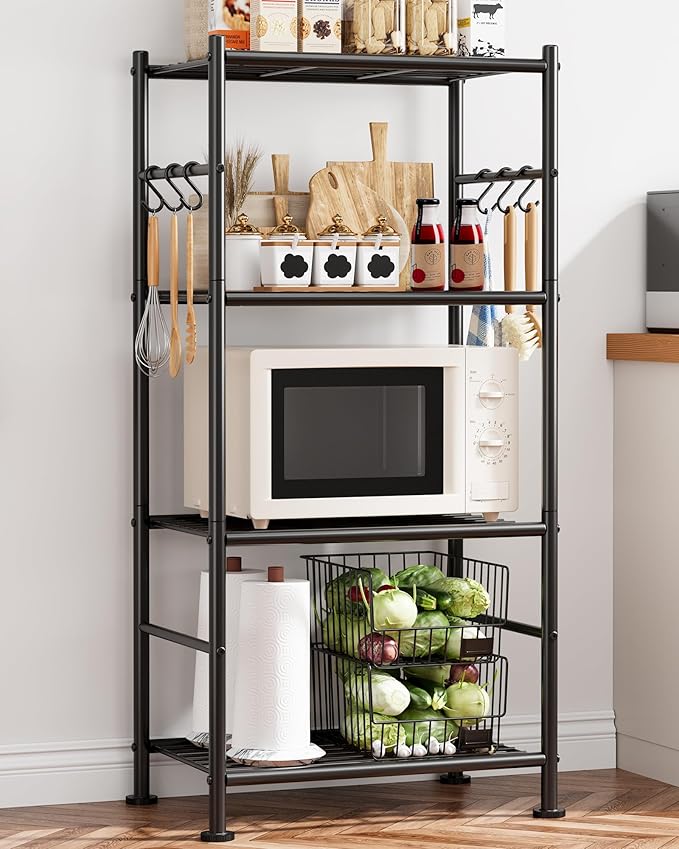 Storage Shelves - 4-Tier Large Capacity Shelf Organizer with Hooks, Heavy-Duty Garage Shelving with Leveling Feet, Wobble-Free Rack for Bedroom, Balcony, Garage, 18.1"×12.4"×43.7", Black