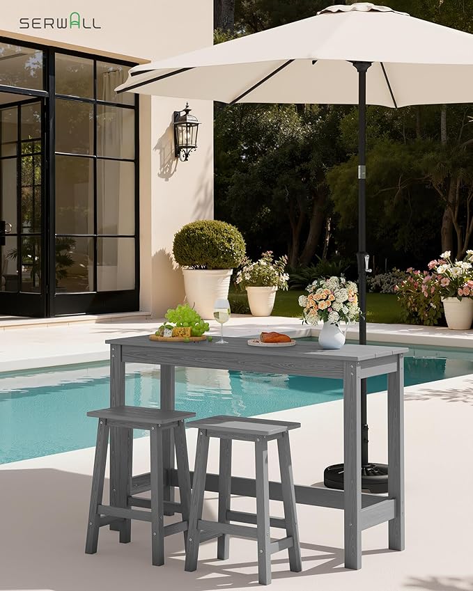 SERWALL 3-Piece Outdoor Bar Set, Rectangular All Weather HDPE Bar Height Patio Set, Outdoor High Top Table and Stools for for Outside, Poolside, Backyard, Garden, Grey