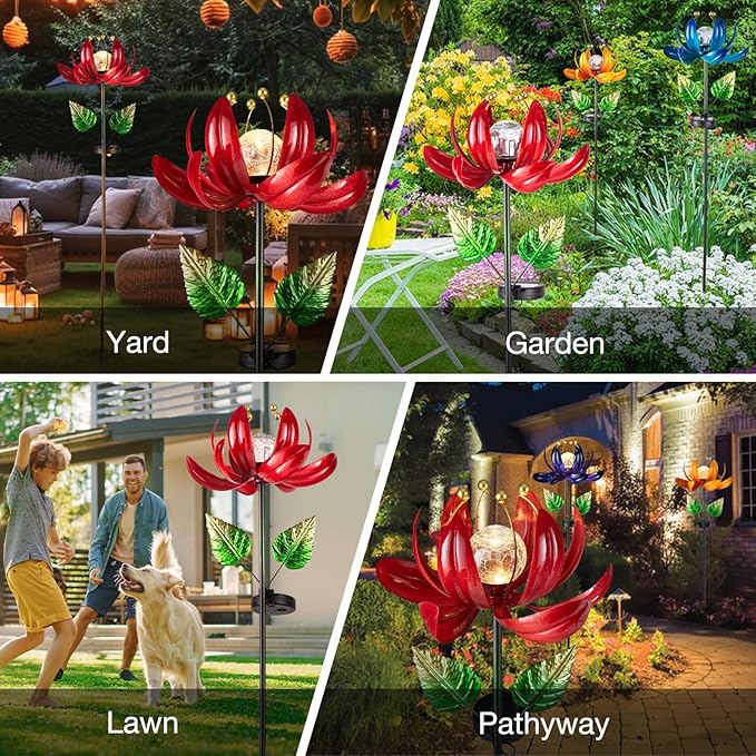 Solar Lights Outdoor Garden Decor, Solar Wind Spinner Yard Decorations Gifts for Outside, Lotus Windmill Pathway with LED Cracked Crystal Ball Waterproof Flower Sculpture for Patio Lawn