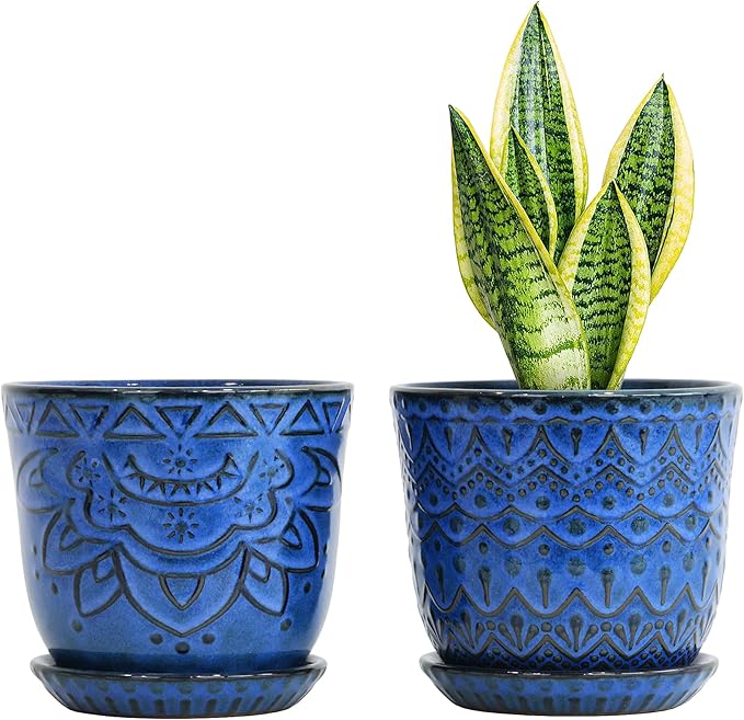 Gepege 6 Inch Blue Ceramic Planter, Plant Pot with Drainage Holes and Saucers for Indoor Plants, Birthday for Women Mom