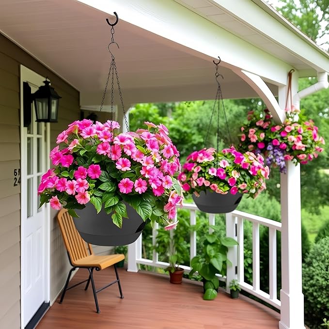 2 Pack 12 Inch Self Watering Hanging Planters for Indoor Plants, Large Black Plastic Hanging Pots with Chains for Outdoor Patio Garden Home Decor Black