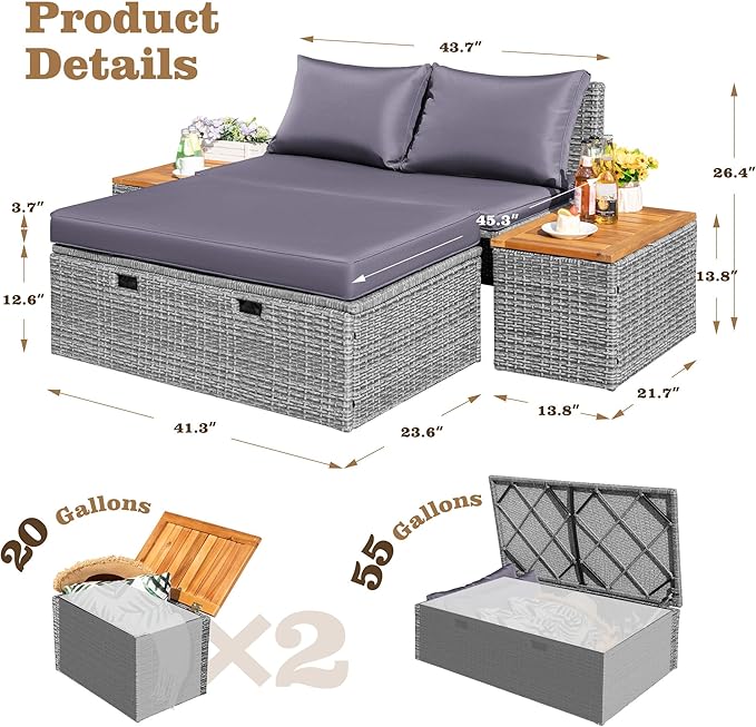 Flamaker Outdoor Rattan Lounge Chair with 2 Side Tables, Multifunctional Outdoor Patio Daybed with Footrest, Cushions, Storage Ottoman,Chaise Lounge Chair for Backyard Porch Poolside(Grey)