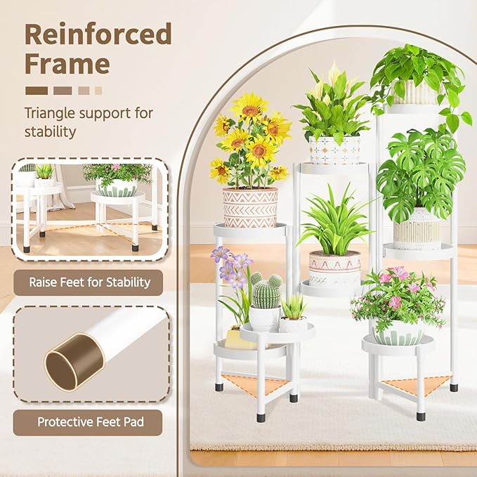LASZOLA 8 Tiered Folding Tall Plant Stand Indoor for Multiple Large Planter, Heavy Duty Metal Adjustable Flower Rack for Narrow Corner, Sturdy Vertical Spiral Shelving Holder for Modern House, White