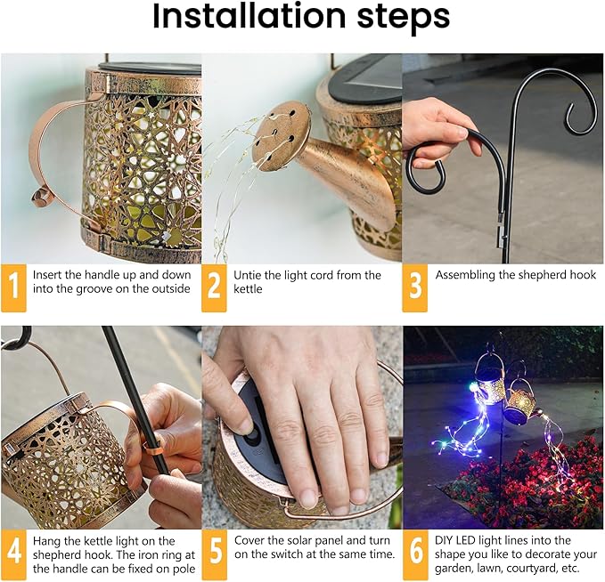 Solar Lights Outdoor Decorative, 2 Pack Metal Solar Watering Can Lights Waterproof, Small Hanging Garden Decor Yard Lights Outside Patio Lawn, Gifts for Mom Grandma Women Birthday(Colorful)