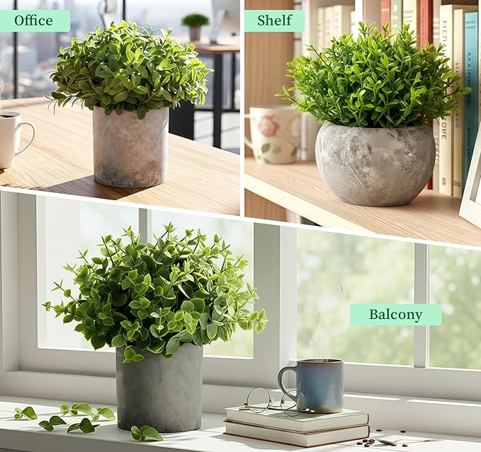 Fake Plants,5 Pack Small Fake Plants Mini Potted Artificial Eucalyptus Greenery Plastic Green Grass Plants for Indoor Outdoor,Mini Faux Plant for Shelve Desk Table Farmhouse Bathroom Shelf Decor