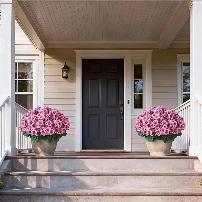 2 Pack Artificial Geranium Flowers Topitary Trees for Outdoors, UV Resistant Geraniums Potted Bushes Look Real Silk Faux Plants for Front Door Garden Porch Planter Farmhouse Home Decor (Pink)