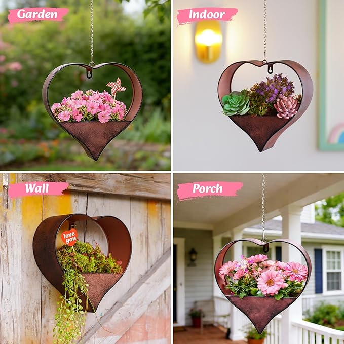 Metal Plant Hangers Indoor and Outdoor: Easter Gifts for Mom Women Her Wife Garden Lovers Birthday - Heart Shape Hanging Planters for Window Wall Living Room Office Decor(Rustic)