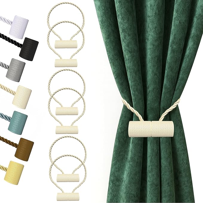 Hion Magnetic Curtain Tiebacks Beige 6 Pack, Curtain Tiebacks Buckles Holdbacks Holders Hooks Clip for Home Bedroom Office Decorative Thick or Thin Curtain