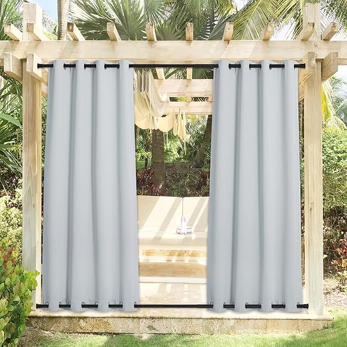 NICETOWN 2 Panels Greyish White Privacy Outdoor Curtains for Patio, Waterproof Thermal Insulated Room Darkening Top and Bottom Rustproof Grommet Windproof Drapes for Porch, W52 x L108