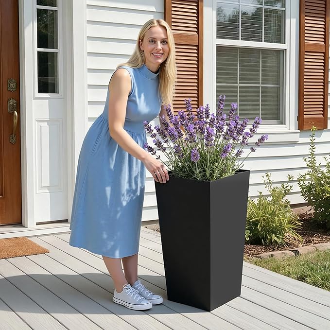 VEVOR 30 inch Tall Planters for Outdoor Plants Set of 2, Black Tall Planter for Indoor Plants, Modern Large Planters for Front Porch Patio Balcony, Plant Container Flower Pots with Built-in Drainage