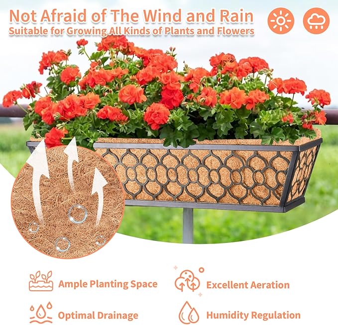Riare 4 Pack 24 Inch Window Boxes Planters with Coco Liner, Metal Deck Railing Planter Boxes, Balcony Planters Railing Hanging, Horse Trough Window Flower Planter Boxes for Outdoor Porch Fence Patio