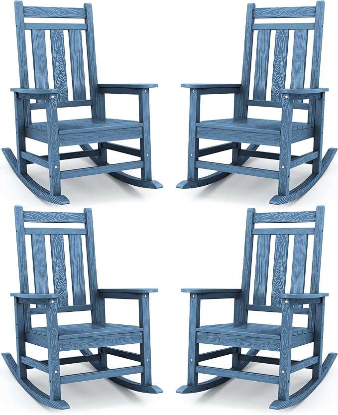 KINGYES Oversized Outdoor Rocking Chair Set of 4, All-Weather Patio Rocking Chairs for Porch, HDPE Outdoor Patio Rockers with High Back & Wide Seat for Garden, Lawn, Blue