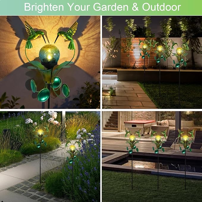 Solar Lights Outdoor Metal Garden Stake Waterproof Crackle Glass Globe Garden Decor Green Hummingbird for Pathway, Lawn, Patio, Yard