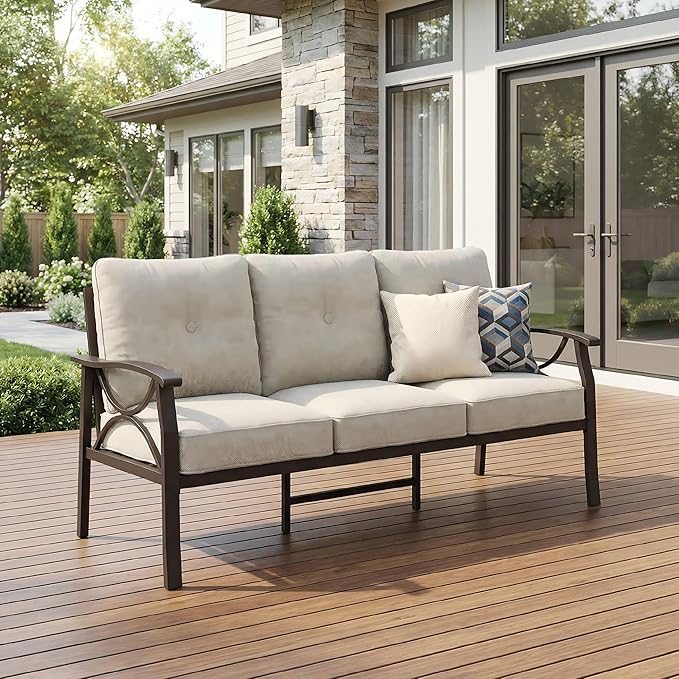RoyalCraft Patio 3 Seats Sofa, All-Weather Outdoor Couch, Patio Furniture Sofa, Khaki Metal Chair with Beige Cushions
