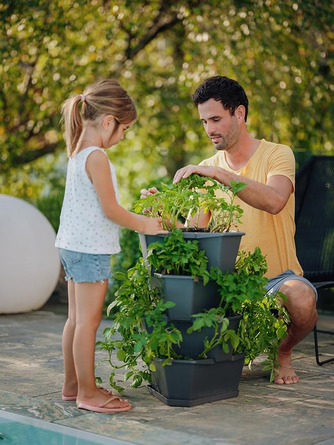 BUZZY Seeds Starter Stackable Vertical Planter – 4-Level Raised Garden Tower for Potatoes, Strawberries, Vegetables & Flowers (Gray)