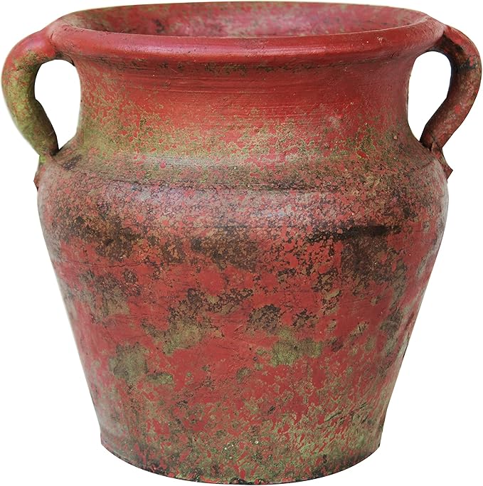 Egyptian Era Designed Earthen Ware Terra-Cotta Vessel/Planter with Looped Handles (Flared Lip Distressed Red Earth)
