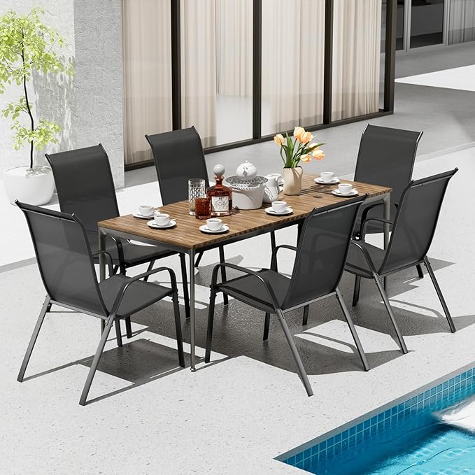 TLSUNNY Patio Chairs, Stackable Textilene Outdoor Dining Furniture for All Weather, with 17.7″ Wide Seat & Metal Frame, for Garden, Backyard, Deck, Restaurant, Poolside (6, Black, 26.4″)