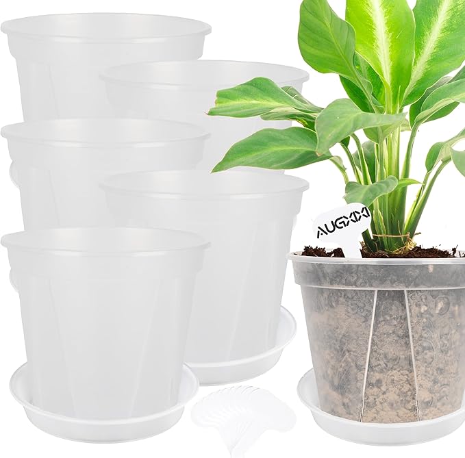 5 Set 7 Inch Transparent Plastic Garden Pots with Saucer - Planter with Drainage Hole for Indoor and Outdoor Plants - Includes 10 Plant Labels