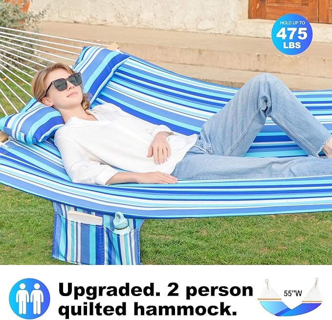 Double Quilted Fabric Tree Hammock with Spreader Bar, 12ft Hammocks 2 Person for Outside, Fits 11ft -13ft Hammock Stand, Large Pillow, Side Pocket & Carabiner, Max 475 lbs Capacity (Ocean Blue)
