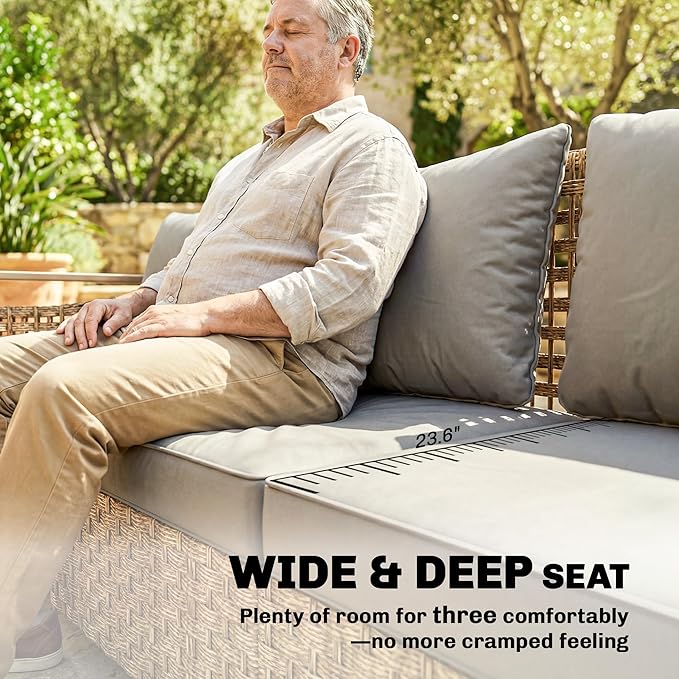 Outsunny Outdoor Patio Couch with Wide and Deep Seat, 3 Seater Wicker Outdoor Sofa with Wide Metal Armrests, Patio Furniture Couch with Cushions for Porch, Garden, Backyard, Gray | Removable Covers