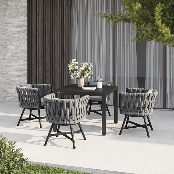 Grand patio 5-Piece Outdoor Dining Set for 4, Patio Dining Furniture Set for 4 Swivel Rope Wicker Chairs & 1 Expandable Rectangular Dining Table, Dark Gray