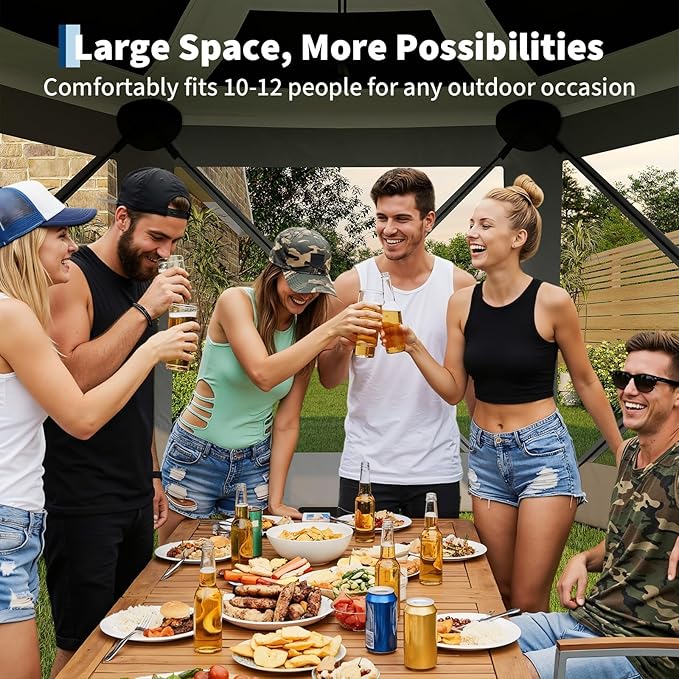 11.5x11.5FT 6-Sided Pop Up Gazebo Tent，One-Push Setup Canopy Tent with Mesh Panels & Removable Wind Cloths, Outdoor shelter for Camping, Backyard Parties, Outdoor Events - Grey