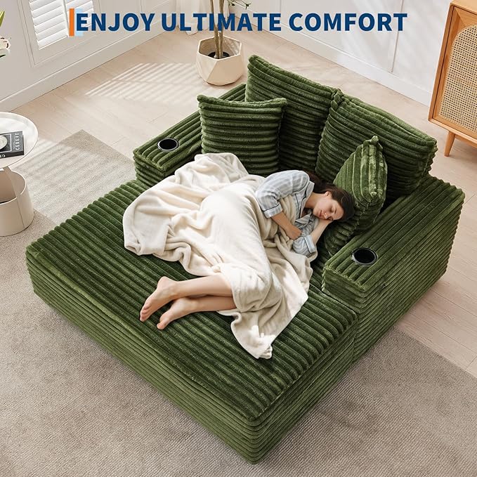 GarveeHome Oversized Chaise Lounge Chair Indoor, 56x60 in Comfortable Corduroy Lounge Sofa with Charging Ports & Cup Holders, Cozy Reading Couch for Bedroom Living Room Apartment, Green